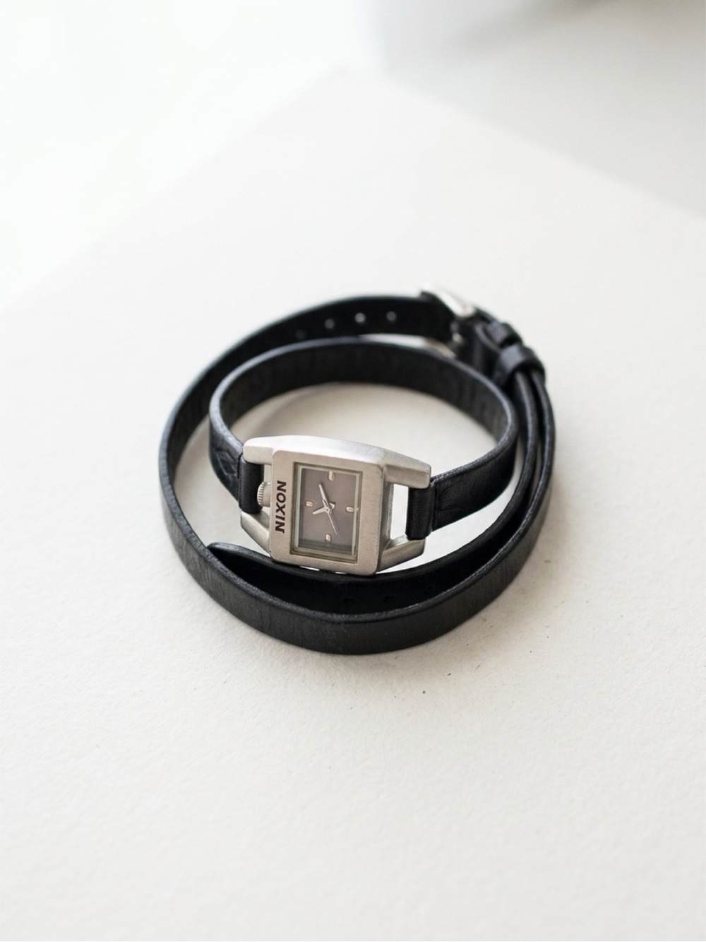 Nixon Black Leather Double-Wrap Watch with Silver Case